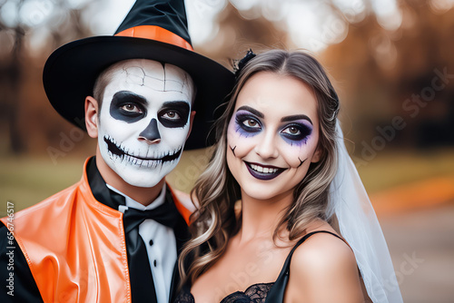 portrait of a happy couple smiling with make-up and Halloween costume  concept Religion and Culture  generative ai