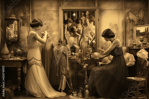Elegance in Creation: 1920s Fashion Atelier with Dressmakers and Models photo