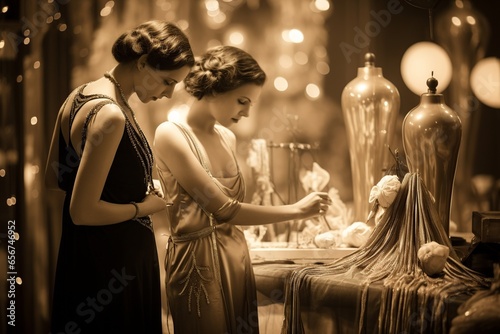 Elegance in Creation: 1920s Fashion Atelier with Dressmakers and Models