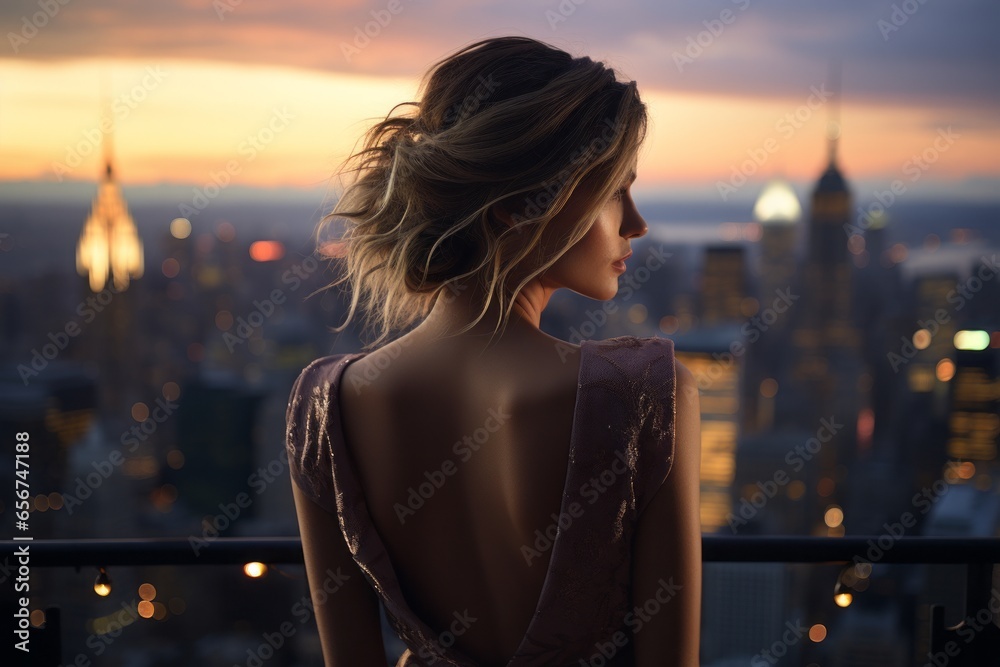 Woman overlooking a bustling city skyline from a rooftop, as dusk paints the sky, creating a mood of reflective tranquility. - obrazy, fototapety, plakaty 