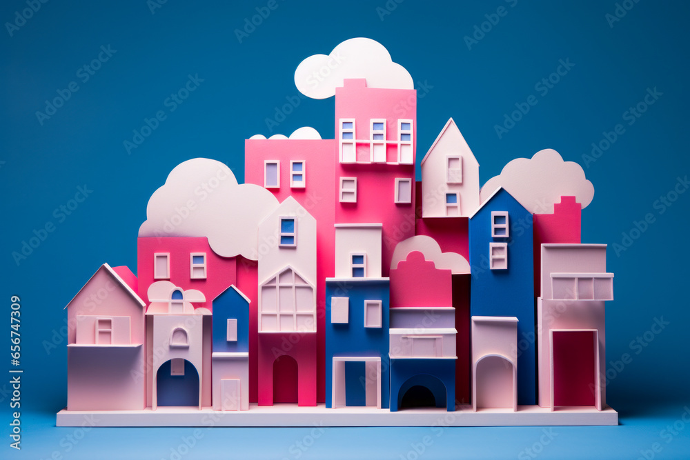 Paper cut of city with buildings and clouds in the background.