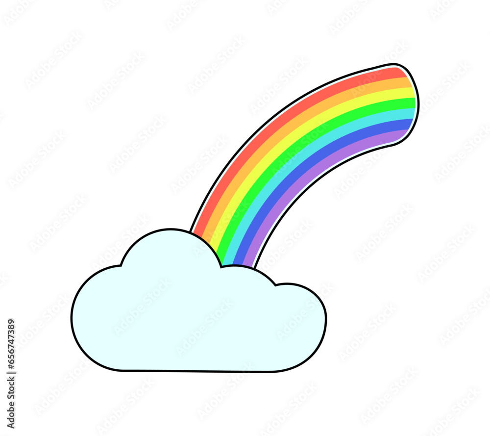 Sticker rainbow comes out of one cloud. Weather. Meteorological phenomenon Cloudiness. Positivity and fantasy. Vibrant color image with outline. Isolated object. Vector illustration. Sticker rainbow comes out of one cloud. Weather. Meteorological phenomenon Cloudiness. Positivity and fantasy. Vibrant color image with outline. Isolated object. Vector illustration.
