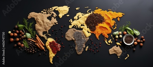 Fototapeta Naklejka Na Ścianę i Meble -  Spices create a world map on grey background with copyspace for text