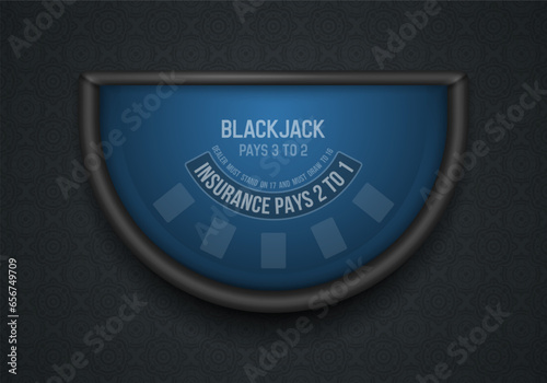 Black jack table with blue cloth on dark background. Vector illustration.