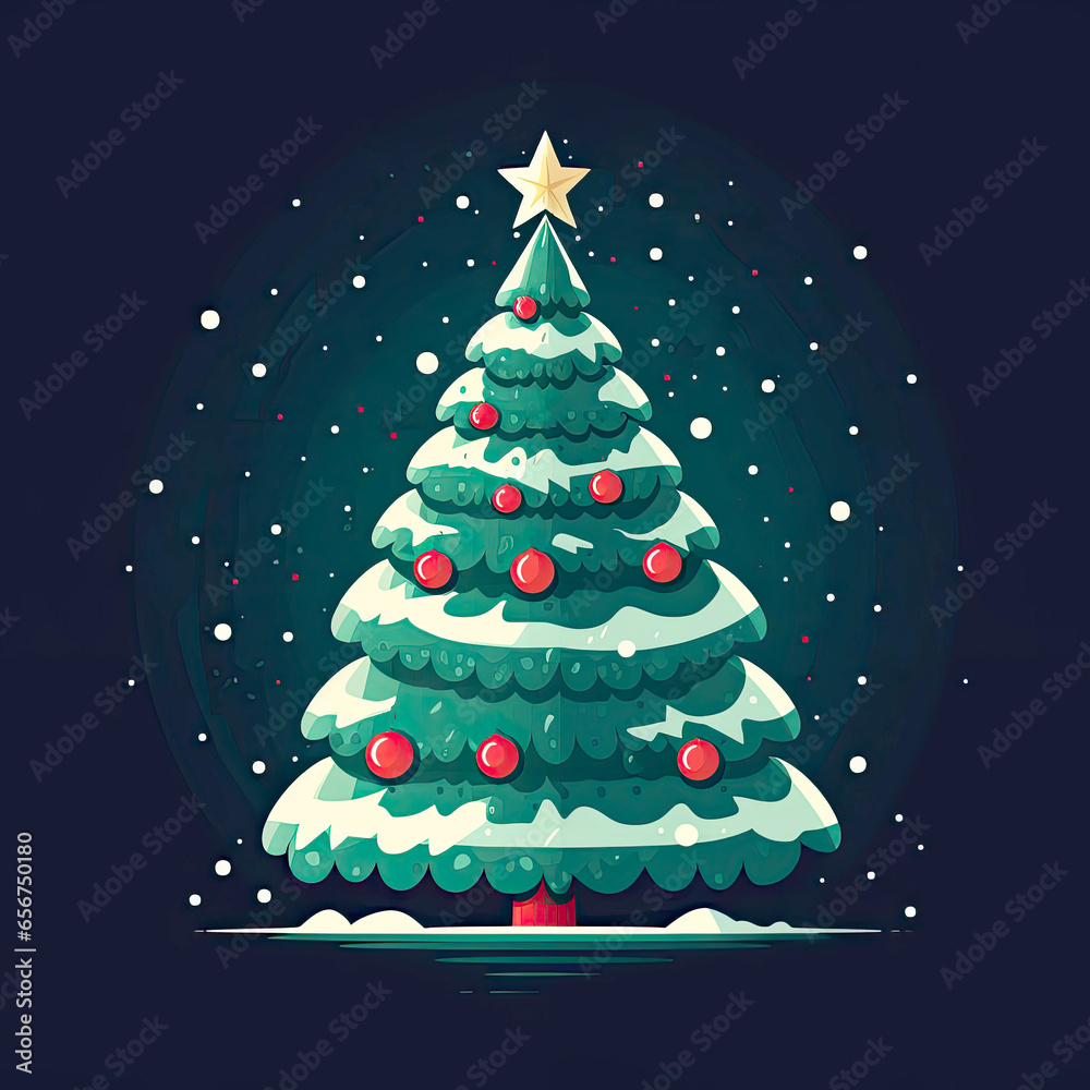 Christmas tree with star and snowflakes in the night. Christmas tree with red balls, snowflakes and star. Merry Christmas and Happy New Year 2024 card.