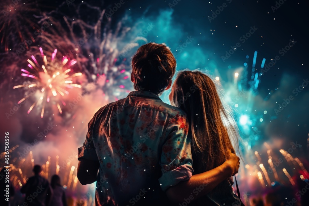 Young couple looking at fireworks at a celebration Young couple looking at fireworks at a celebration