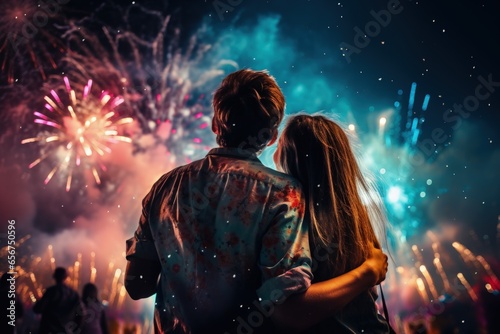 Young couple looking at fireworks at a celebration