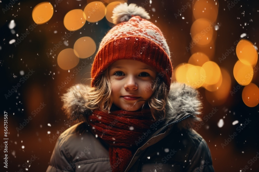 Girl in warm clothes against the background of bright Christmas lights Girl in warm clothes against the background of bright Christmas lights