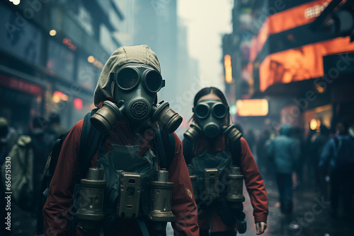 Urban life as people, young and old, wear protective masks in a smoggy city