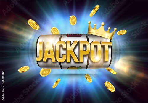 Shining sign Jackpot with slot machine, gold crown and coins on a bright background. Vector illustration.