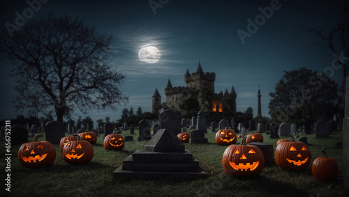 big pumpkins in the cemetery at night on a full moon halloween Night