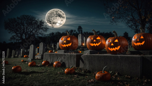 halloween with pumpkins on grave and trees in the night. Halloween.