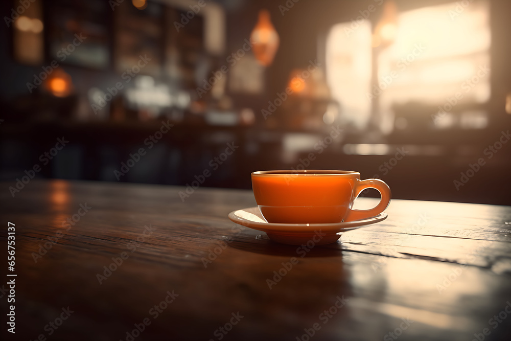 Fototapeta premium Cup on coffee table, coffee shop background out of focus. Space for advertising, text, or product