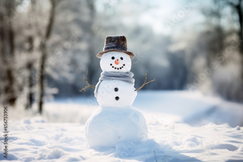 A friendly snowman smiling in a calm winter landscape. © Michael