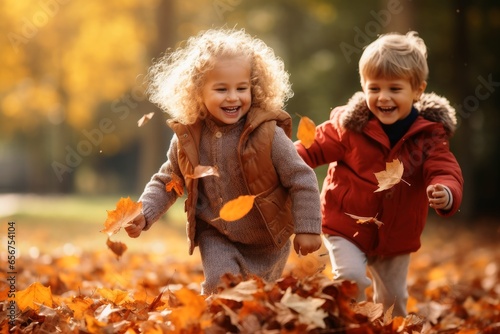 Happy kids playing with autumn leaves.