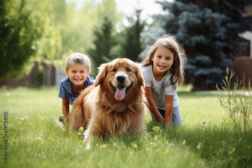 Kids playing outside with a dog on a green meadow.