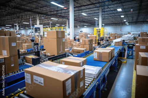 Many packages on an assembly line in a logistics handling facility.