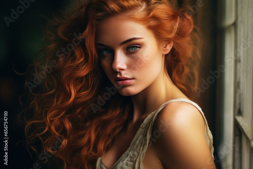Portrait of a red-haired woman with blue eyes