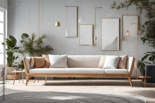 a Scandinavian sofa with  wooden frames and natural finishes