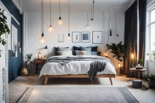 a Scandinavian bedroom with a variety of lighting fixtures, from pendant lamps to candle sconces © ayesha