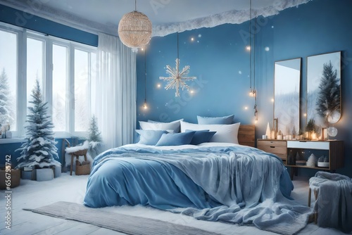 a Nordic-inspired bedroom with a winter wonderland theme, using icy blues and whites