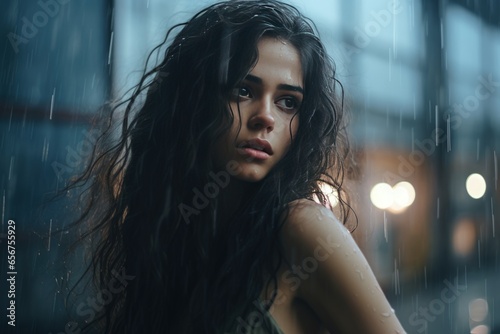 Young woman with long hair in the rain on the street