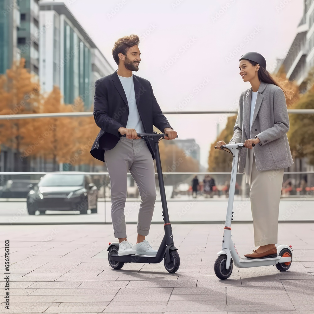 Romantic Ride, Couple Exploring the Outdoors on Electric Scooters. Generative AI Romantic Ride, Couple Exploring the Outdoors on Electric Scooters. Generative AI