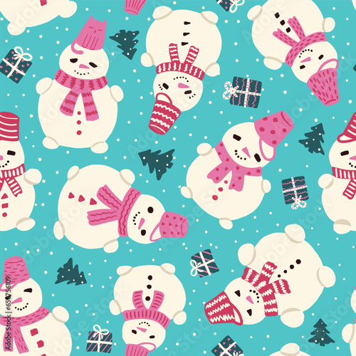 Cute snowmen seamless vector pattern. Perfect for textile  wallpaper or print design.