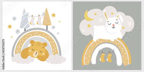 Baby funny cute animal print. A bear sleeps in a winter den made of a rainbow. The rabbit dreams of holiday gifts under a starry sky with snowflakes. Vector graphics.