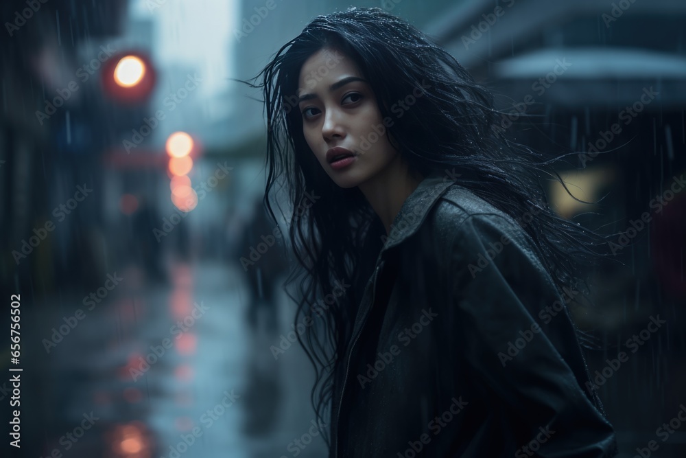Young woman with long hair in the rain on the street Young woman with long hair in the rain on the street