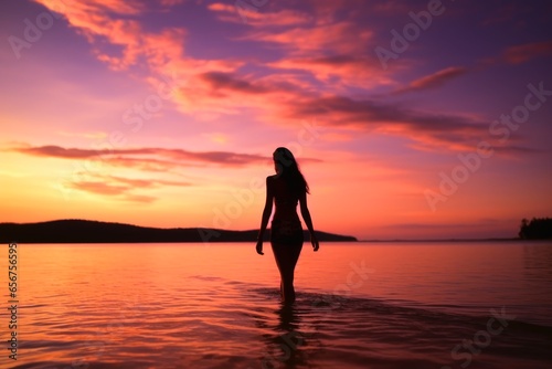 A sensual attractive young woman at a sunset beach.