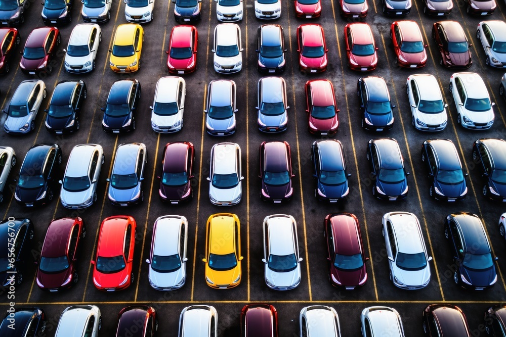 Fototapeta premium Aerial view of many new cars at a port.