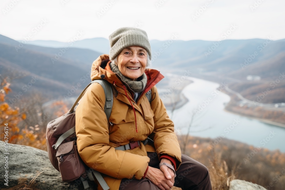 An elderly woman hiking in the mountains.