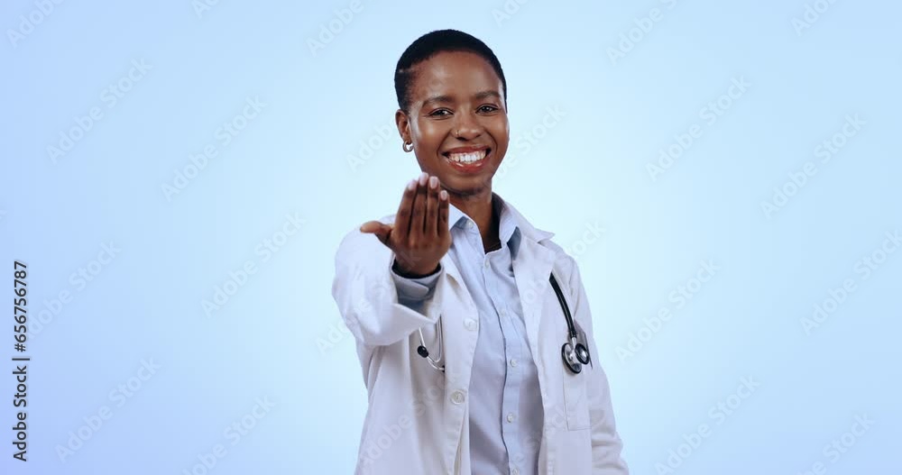 Invitation, doctor and black woman pointing to come here in studio isolated on a blue studio background mockup space. Portrait, smile and medical worker invite, call or welcome to hospital for health