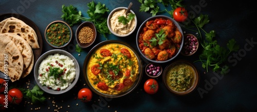 Traditional Arab dinner with authentic cuisine including a variety of meze dishes seen from above with copyspace for text photo