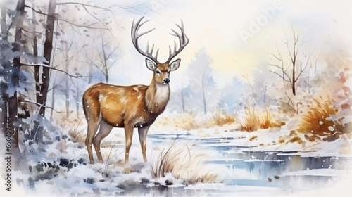 deer in the snow winter watercolor. ai generative © We3 Animal