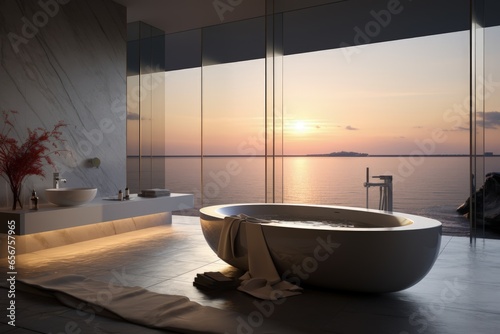 Bathroom design planning  luxury style flawless   relaxing place with a view of the sea scenery  magnificent original design. Toilet room for hygiene  space for spa.