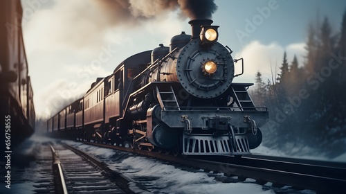 antique steam locomotive, vintage train, sunset and forest, screensaver for your computer and phone desktop, dark background