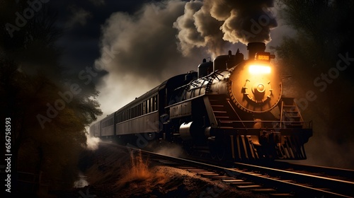 antique steam locomotive, vintage train, sunset and forest, screensaver for your computer and phone desktop, dark background