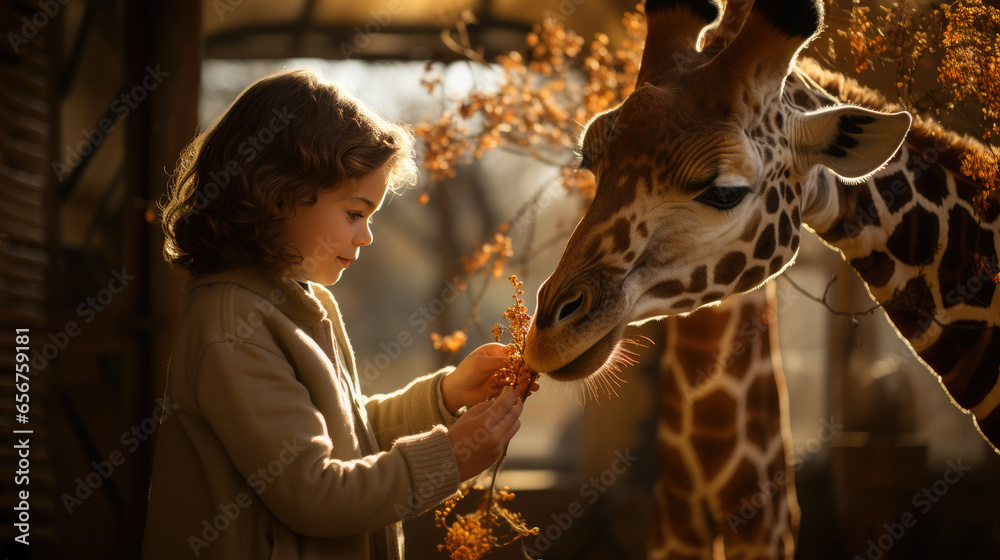 Generative AI, child, boy or girl petting a tall spotted giraffe on a safari in the wild, reserve, Africa, national park, zoo, animal and human, travel, feeding, care, children, kid, naturalist - obrazy, fototapety, plakaty 