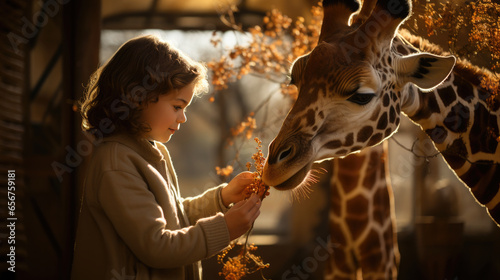 Generative AI, child, boy or girl petting a tall spotted giraffe on a safari in the wild, reserve, Africa, national park, zoo, animal and human, travel, feeding, care, children, kid, naturalist