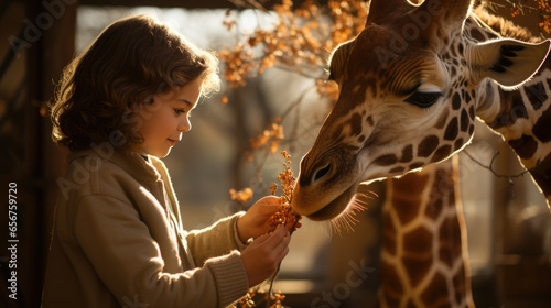 Generative AI, child, boy or girl petting a tall spotted giraffe on a safari in the wild, reserve, Africa, national park, zoo, animal and human, travel, feeding, care, children, kid, naturalist photo