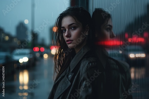 Woman against the background of a rainy street with lights
