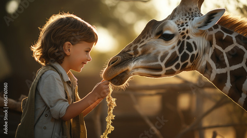 Fotografia Generative AI, child, boy or girl petting a tall spotted giraffe on a safari in