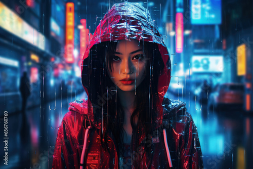 Young woman on the street in neon color, Cyberpunk