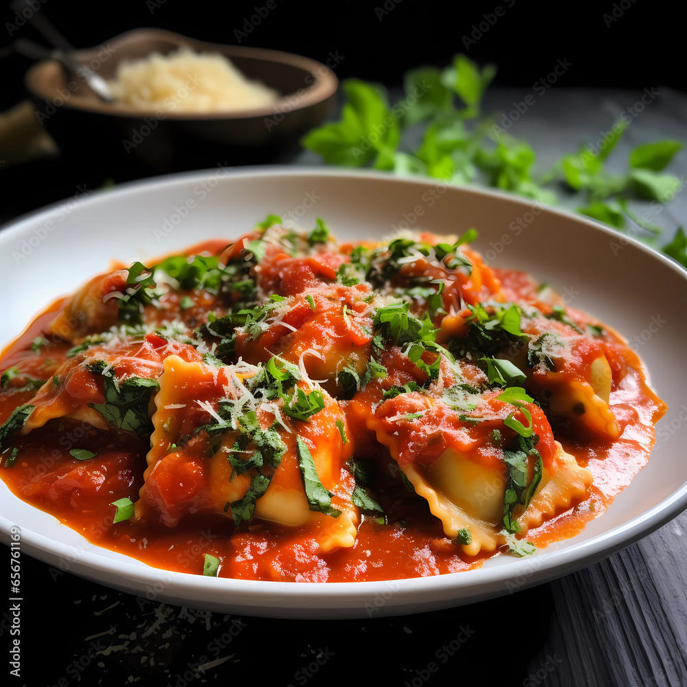 Italian ravioli with fresh tomato sauce and herbs