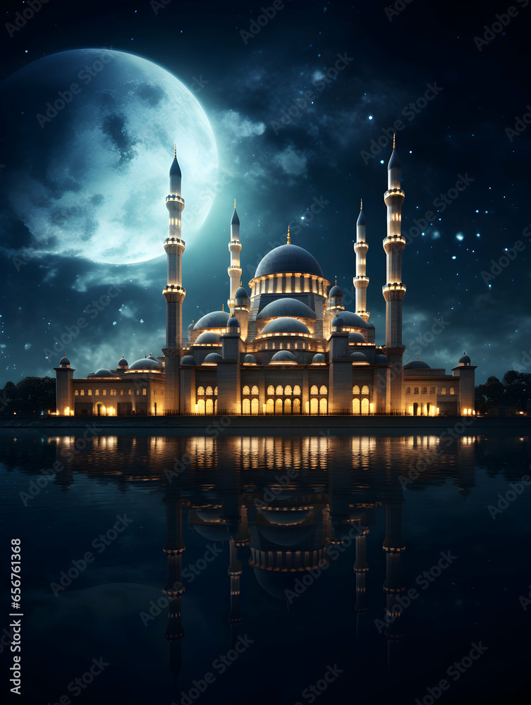 Photo ramadan Kareem Eid Mubarak mosque in night with moon light background