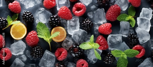 Top view of frozen fruit filled ice cubes with copyspace for text photo