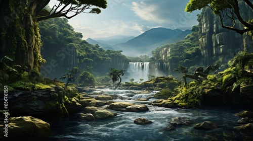 amazon rainforest river landscape with waterfall photo