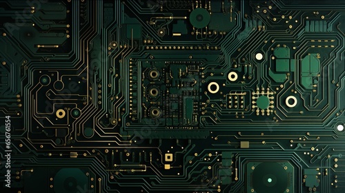 Technology background featuring a futuristic motherboard circuit concept and a green processor. Electronic components integrated into the backdrop